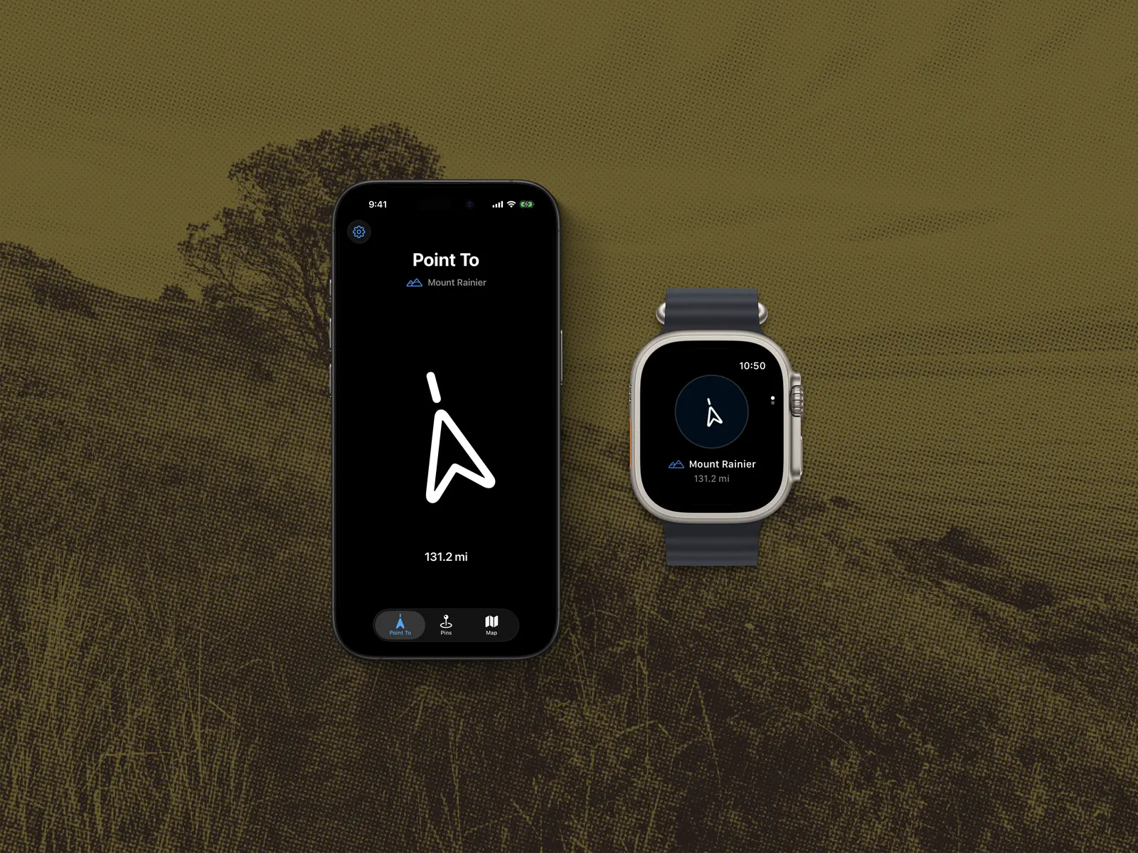 Point To on iPhone and Apple Watch, with compass arrows pointing toward Mount Rainier, 131.2 miles away.
