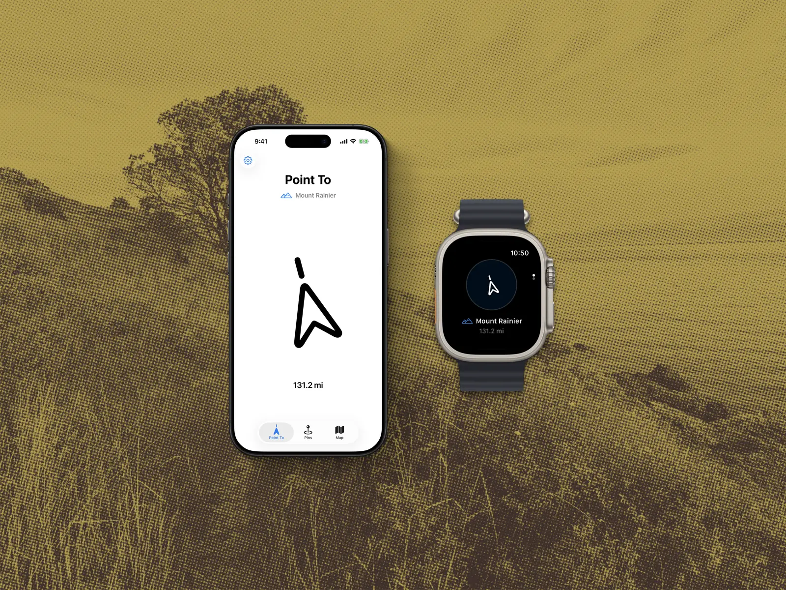 Point To on iPhone and Apple Watch, with compass arrows pointing toward Mount Rainier, 131.2 miles away.