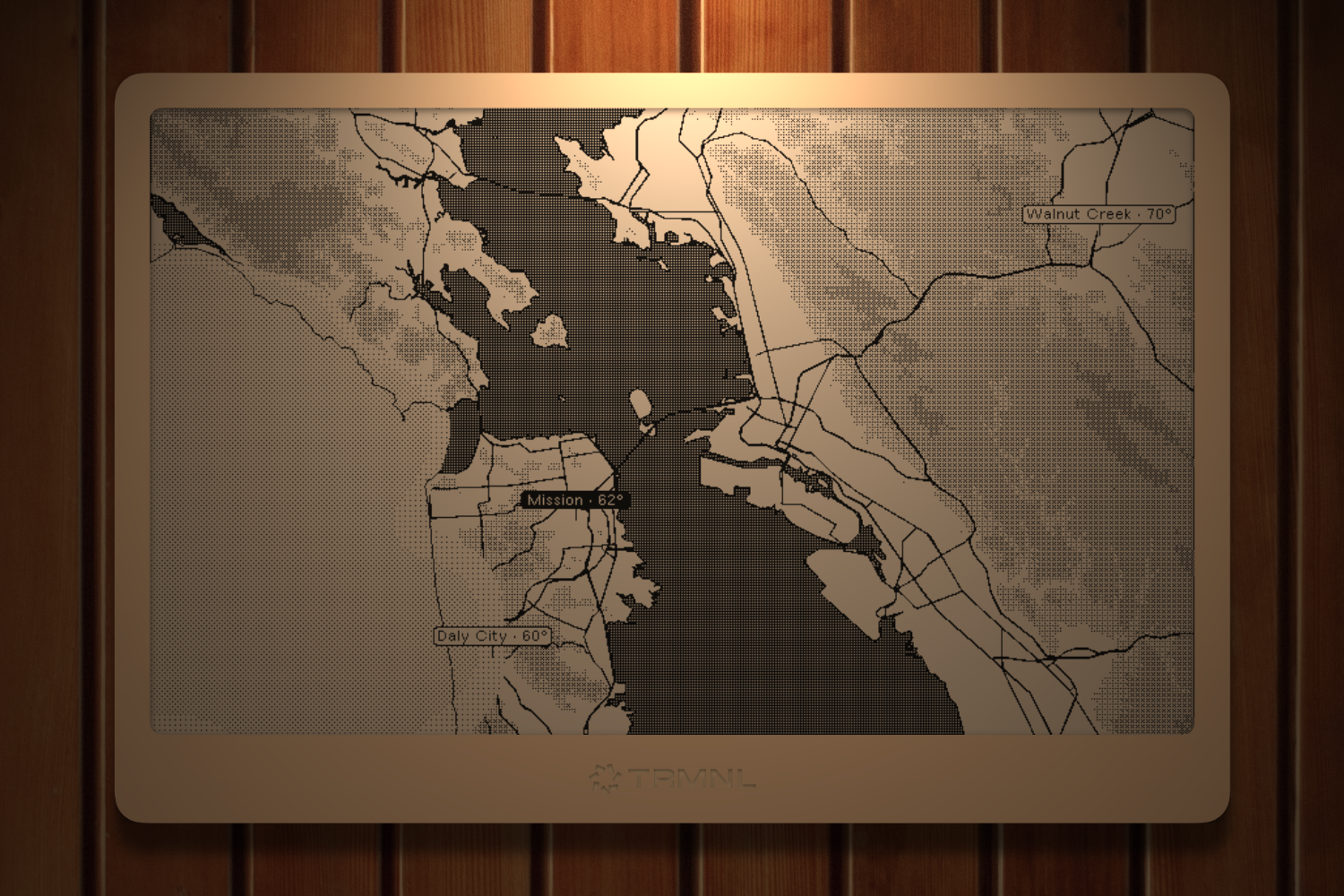 San Francisco Bay Ambient Map on TRMNL, with fog shading and temperature labels for the Mission, Daly City, and Walnut Creek.