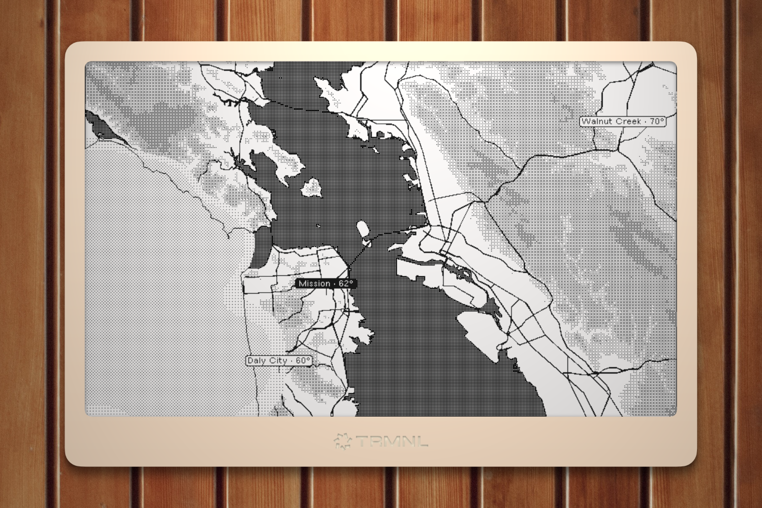 San Francisco Bay Ambient Map on TRMNL, with fog shading and temperature labels for the Mission, Daly City, and Walnut Creek.