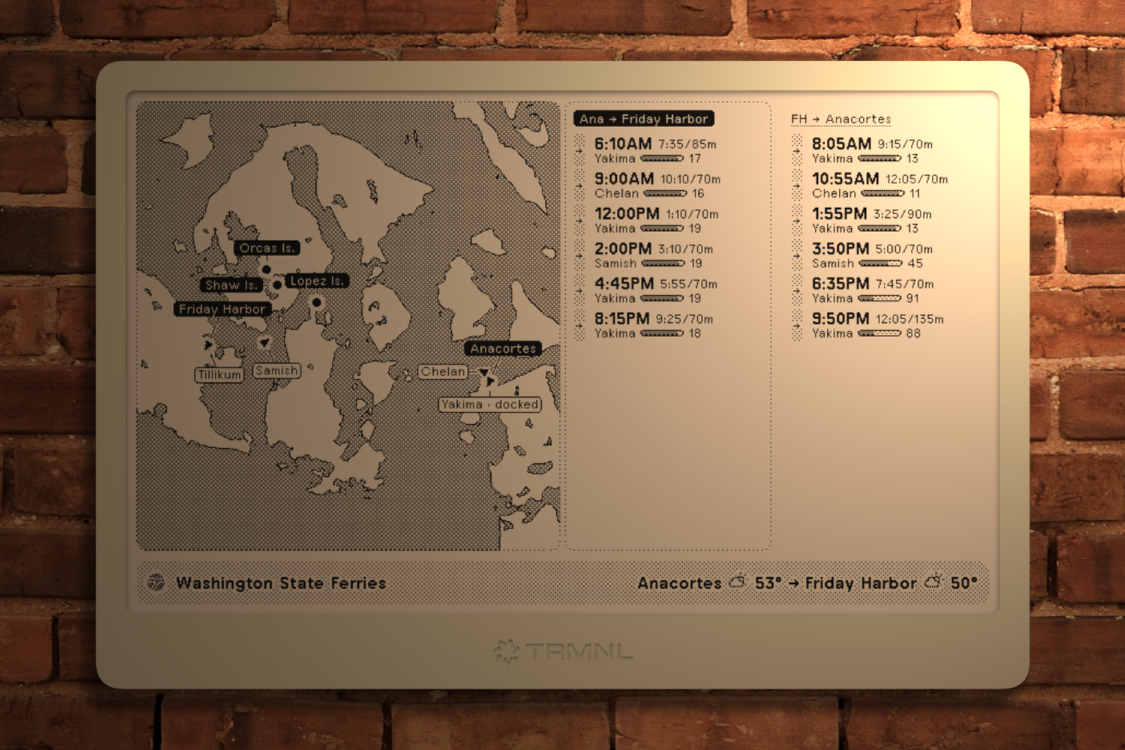 Washington State Ferries on TRMNL, with a San Juan Islands vessel map beside sailing schedules for Anacortes and Friday Harbor.
