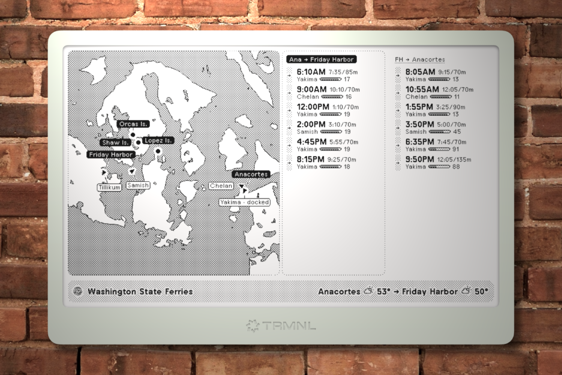 Washington State Ferries on TRMNL, with a San Juan Islands vessel map beside sailing schedules for Anacortes and Friday Harbor.