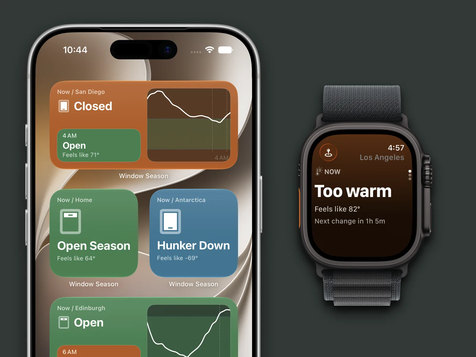 Window Season widgets show when to open or close the windows; the Apple Watch app reports “Too warm.”