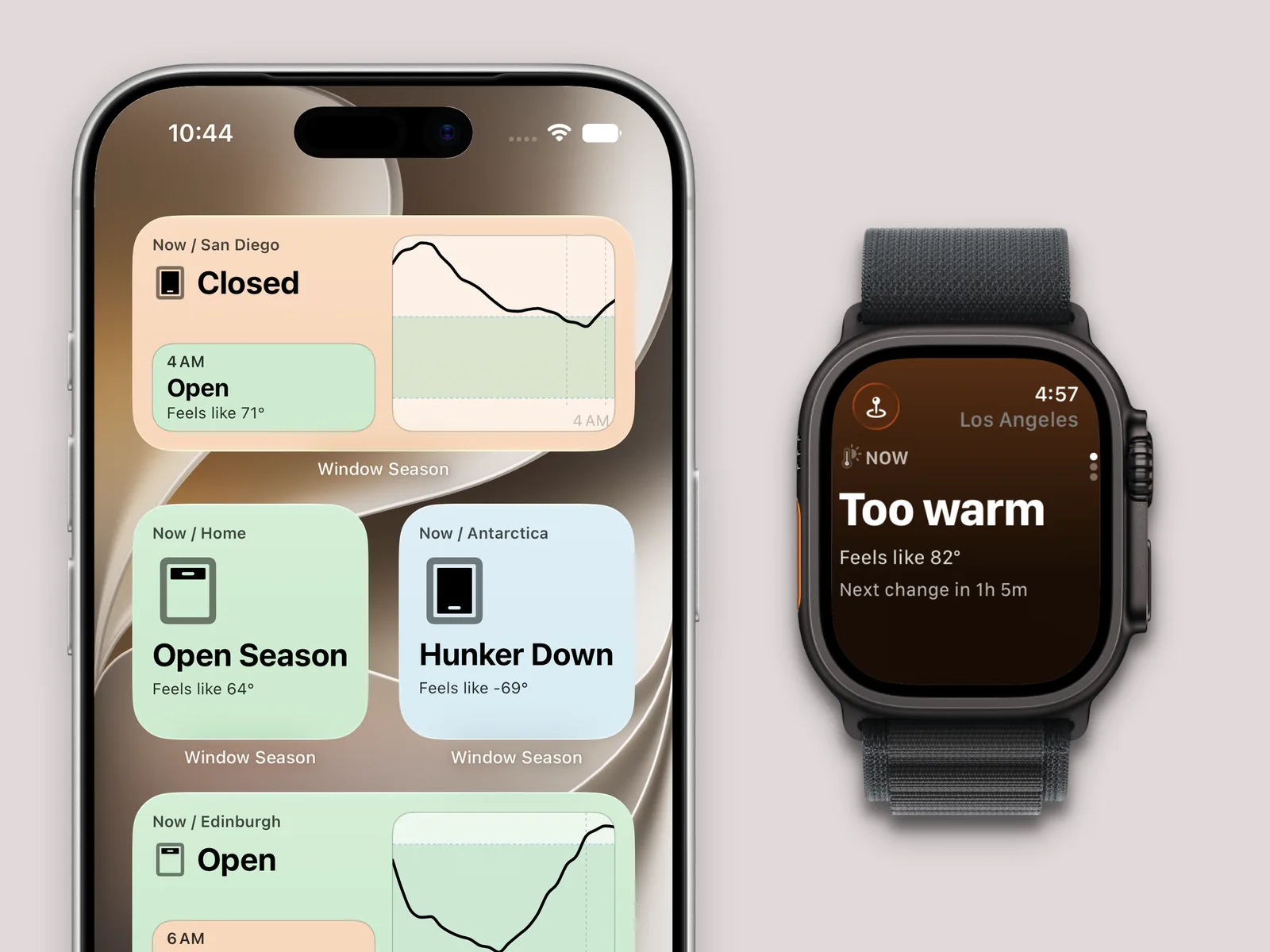 Window Season widgets show when to open or close the windows; the Apple Watch app reports “Too warm.”